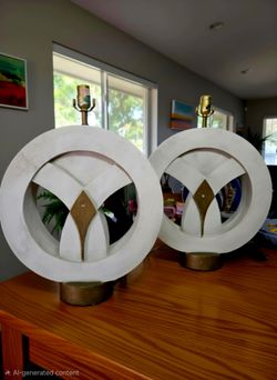 Vintage BON ART 1992 Large Plaster Circular Diamond White Gold Table Lamps 18.5"×17"