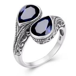 925 Sterling Silver Simulated Blue Sapphire Double Teardrop Adjustable Ring 