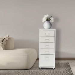Metal File Storage Cabinet, Storage Cabinet with 5 Drawers, 5-Drawer Storage Cabinet with Wheels for Home Office (White)