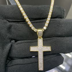 Gold Vermeil Tennis Chain With VVS Moissanite With Cross 
