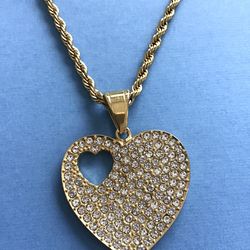 Ladies Sparkling Crystal  Heart Pendant with Chain - Gold bonded on Stainless Steel *Pickup Boca Raton