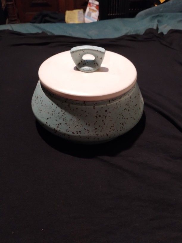 McM Mid Century Bauer Speckled Blue Lidded Pottery Dish
