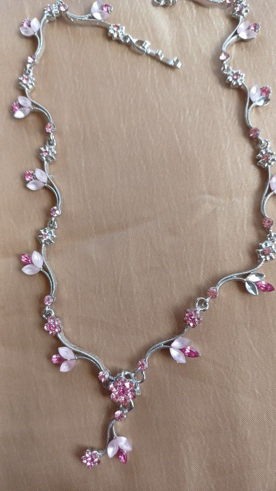 Silver Pink Crystal Necklace
