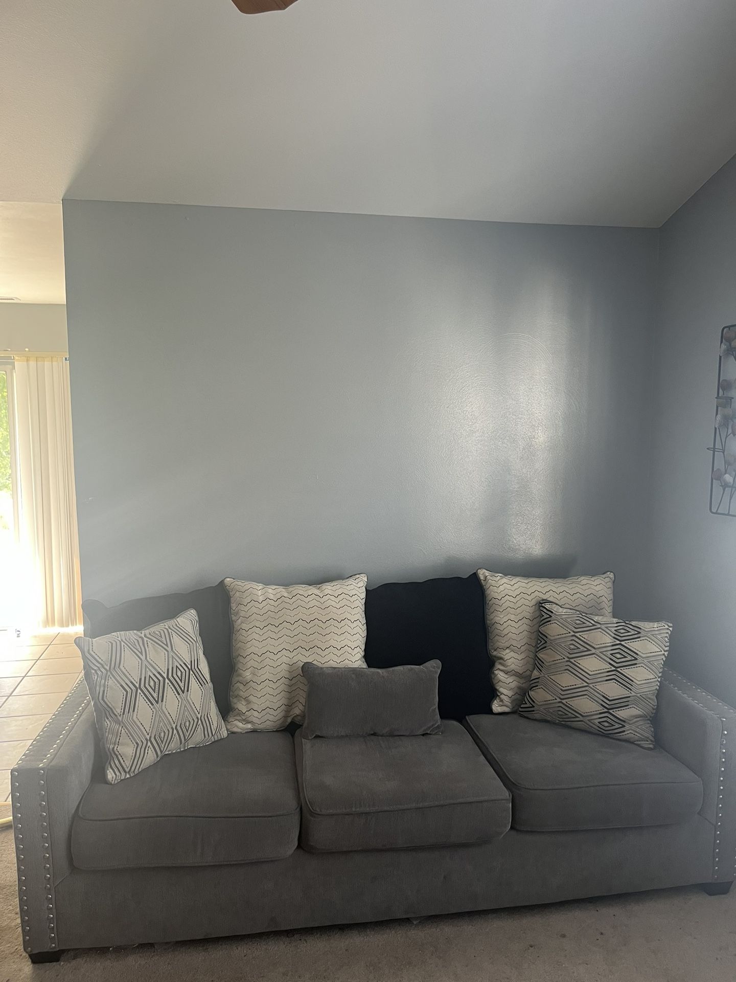 Gray Sofa with Cushions & Dining Room Set