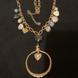 Beautiful 24” GoldTone Link Necklace With Heart And Pearl Dangling Charms,by 1946