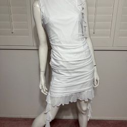 New xl white stretchy mesh  ruched asymmetrical dress ruffle short