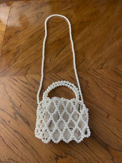 Faux Pearl Beaded Crossbody Handbag with a Removable Cream-Colored Fabric Inner Drawstring Pouch