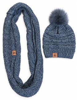LOROME Gray Marled Knit Beanie with Pom-Pom and Infinity Scarf Set