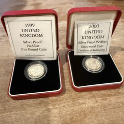 1999 And 2000 Sterling Silver Piedfort Proof Great Britain 1 Pound Coins .925