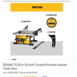 DeWalt DWE7485 8.25-in 20-Volt Corded Portable Jobsite Table Saw