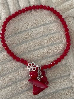 Red Beaded Coral Bracelet with 925 Silver Flower Charm