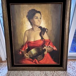 Woman in Red, signed oil painting by Juan Soler