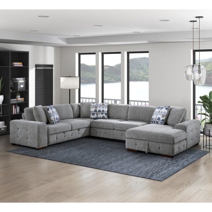 Brand New Light Gray Chennille U Sectional With Sleeper Sofa And Storage Chaise (143 x 112 x 35H)