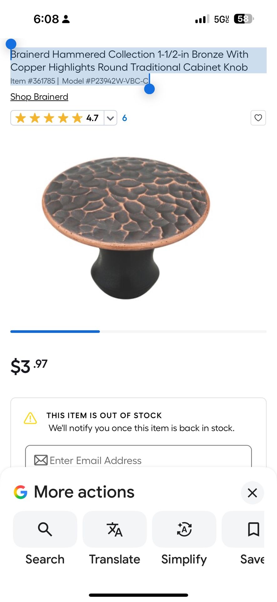 Brainerd Hammered Collection 1-1/2-in Bronze With Copper Highlights Round Traditional Cabinet Knob Item #361785 | Model #P23942W-VBC-C I have 30 these