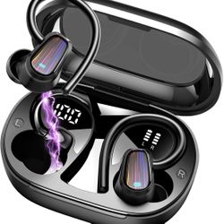 Wireless Earbuds, Headphones Sport Bluetooth 5.4, Over Ear Buds with ENC Noise Canceling Mic, Deep Bass Stereo Earphones with Hook, 50H Playback, LED 