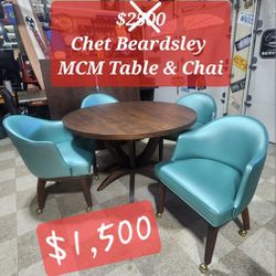 $1,500 Mid-Century Modern Chet Beardsley Turquoise Blue Chairs & Table 