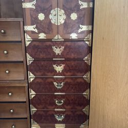 Large Vintage Korean Burl Wood Chinoiserie Tall Narrow Cabinet