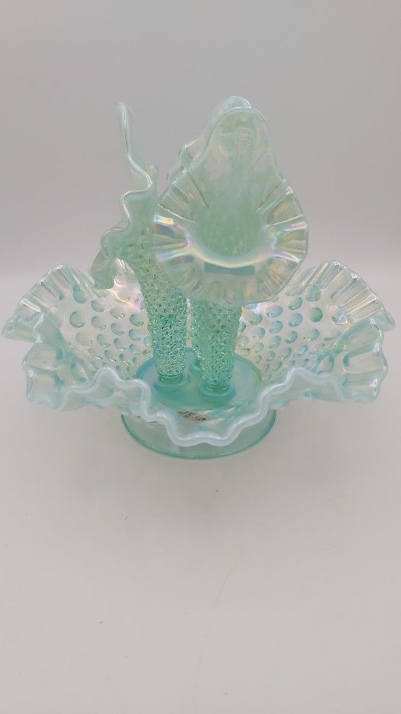 Exquisite Vintage Fenton 3-Horn Teal Opalescent Hobnail Carnival Glass Epergne 