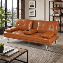 66" Tan / Brown PU Leather Sleeper Sofa Bed / Futon w/ Cupholder Armrest w/ Chrome Legs [NEW]  **Retails for $300