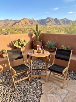 Modern Wood & Black Cord Patio Bistro Set - Folding 3pc