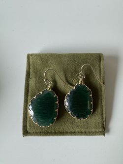 Green Stone Drop Earrings Gold Tone Setting