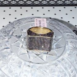 Concave Square 925 Sterling Silver Gold Ring CZ Black Gemstones