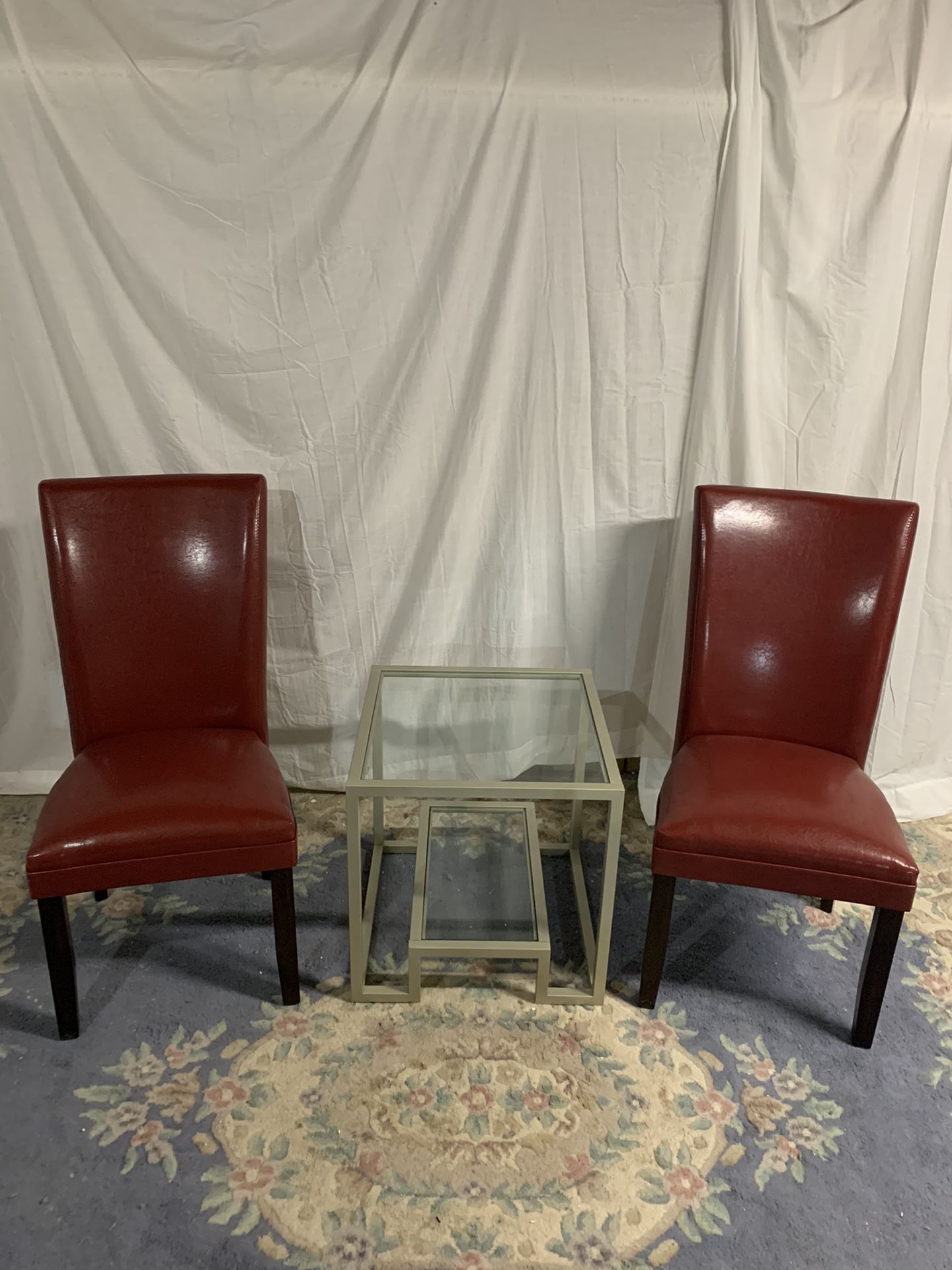 Pair of New Red Accent Chairs & Single Metal & Glass End Table