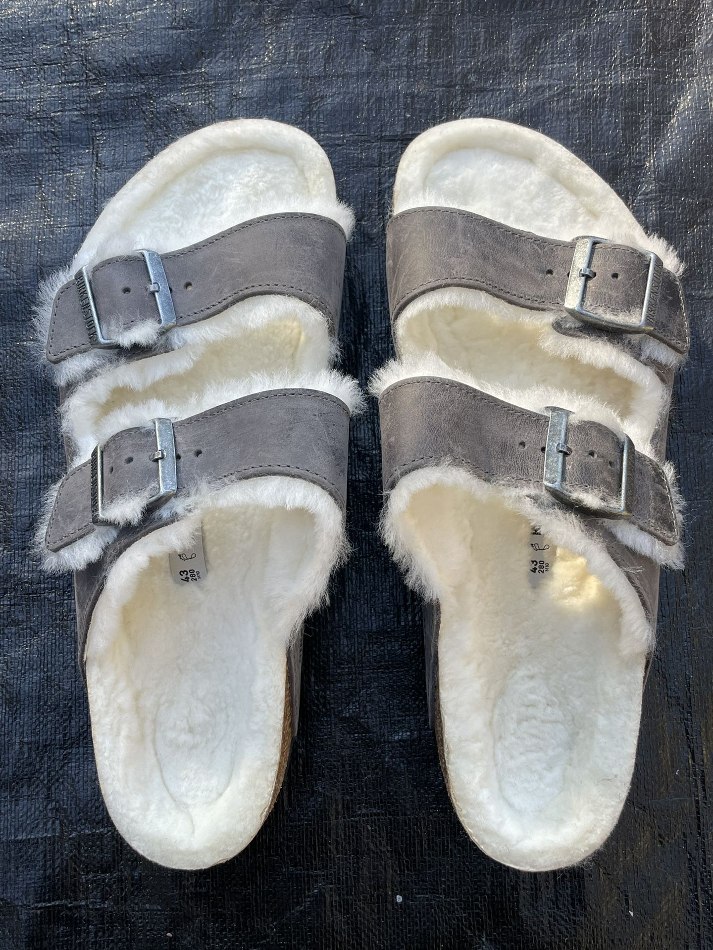 Birkenstock Arizona Big Buckle Shearling Oiled Grey Leather Sandals US10 EU43