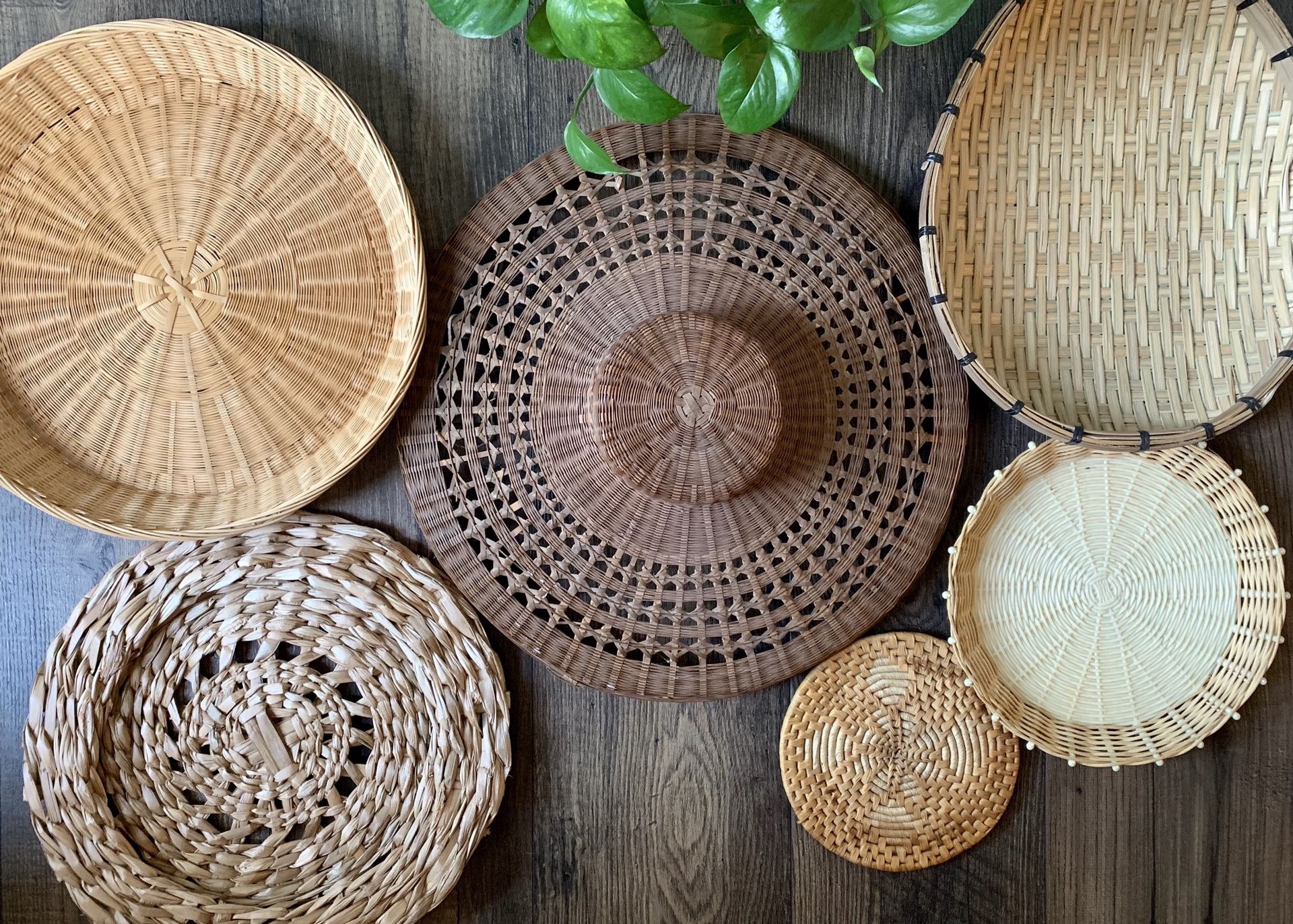 • 6x wicker woven baskets wall hanging boho •