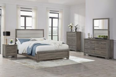 New 5 Piece Bedroom Set. Padded Headboard. Rustic Grey. Free Delivery!