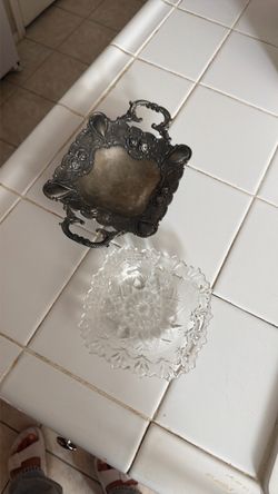 Vintage Silver-Tone Ornate Tray and Cut Glass Dish