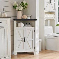 New White Corner Bathroom Cabinet, Farmhouse Small Corner Cabinet with Barn Door