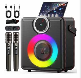 Karaoke Machine for Adults, 200W Retro Leather Portable Bluetooth Speaker with 2 Rechargeable Wireless Microphones, PA System with LED Display & Light