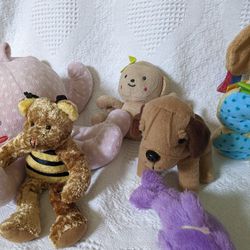 Lot Of 6 Total,1 Stuffed Octopus, 1 Bear, 2 Dogs, 1 Monkey And A Whale