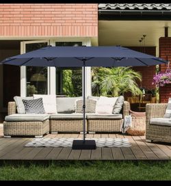 15 Ft Patio Double-Sided Umbrella with Base, Outdoor Extra Large Market Umbrella with Crank Handle for Camping, Swimming Pool, Outdoor Twin Ta