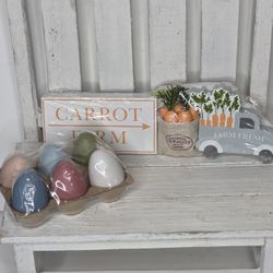Target Bullseye Easter Farmhouse Truck Carrots Wooden Colored Eggs Tiered Tray Bundle Lot