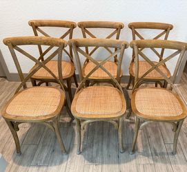6- Cross-Back Wood Dining Chairs with Rattan Seats