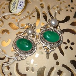 925 Silver Green Onyx Pearl Earrings