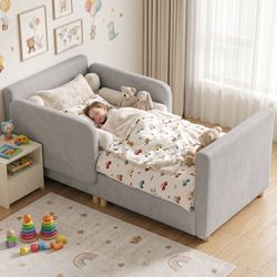 3-in-1 Kids Sofa Bed, Converts to Toddler Bed & Bedside Extension, Fit Crib Mattress, Soft Chenille,Gray (Mattress Not Included)