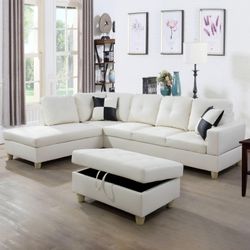 white bonded leather sectional couch household living area ottoman bundle furnishings for sale