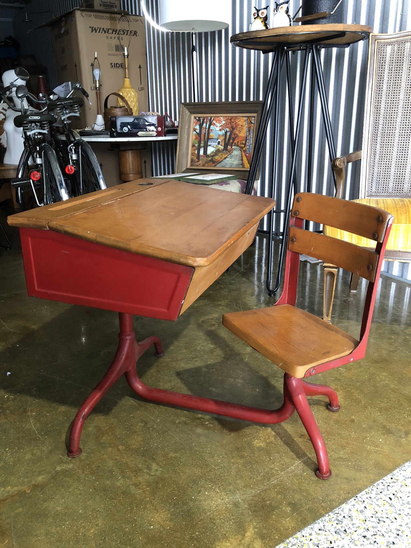 Antique Original Little Red School Desk / Attached Swivel Chair.