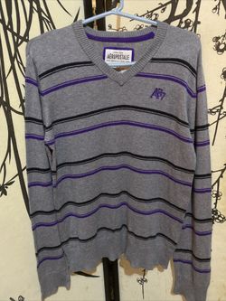 VTG Aeropostale Men’s Gray/Black Purple Striped Sweater W/Embroidery LogoA87