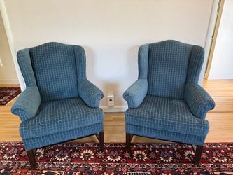 Pair of Blue Wingback Accent Chairs – Traditional Upholstered Armchairs