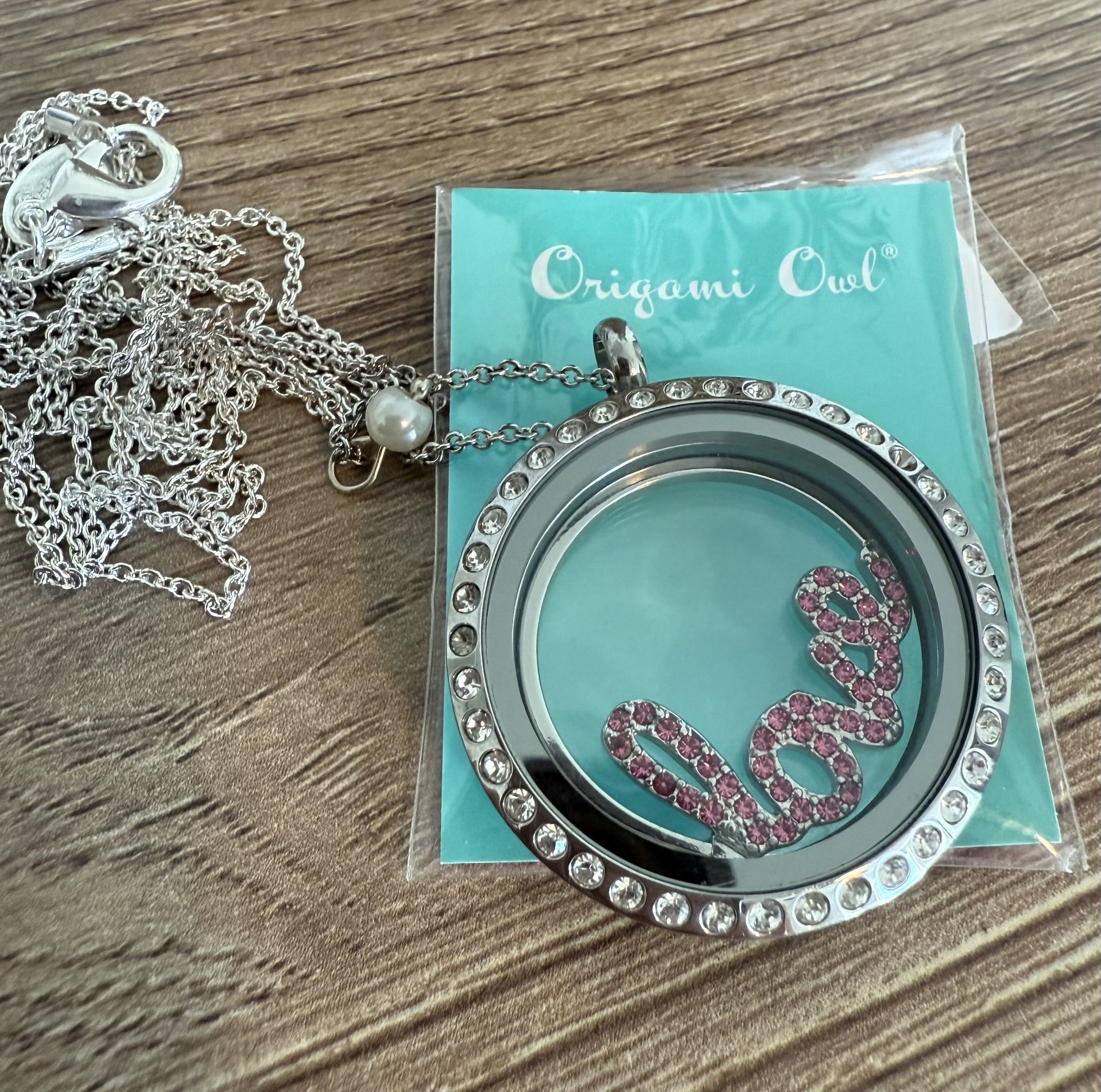 Origami Owl Silver Living Locket Necklace Rhinestone Jewelry Swarovski Pink New