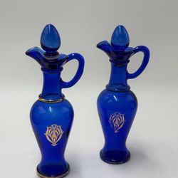 Pair Vintage Cobalt Blue Glass Cruet Bottles Oil Vinegar w/ Stoppers