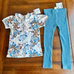 NWT Kate Quinn Blue Honeysuckle Peter Pan Top + Blue Leggings | Size 4T
