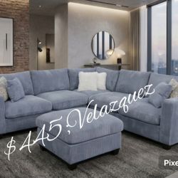 ✅️✅️4 pc dark grey corduroy fabric upholstered sectional sofa with ottoman✅️