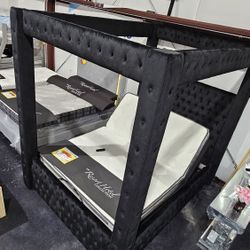 New Black Queen Canopy Bed Platform