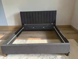 Grey Upholstered Bed Frame with Wingback Headboard