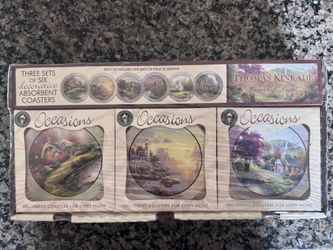 Thomas Kinkade Painter of Light Absorbent Cork-Backed Round Coasters 18pc